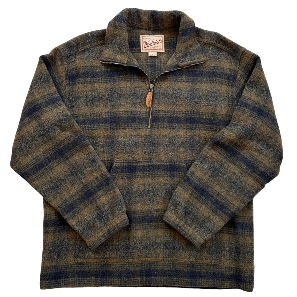 Woolrich Quarter Zip Pullover Mens M Green Blue Striped Wool Blend Made in USA